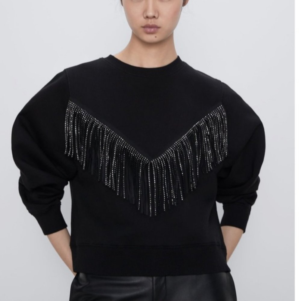 ZARA Black Fringe Trim Sweatshirt Top Size Medium